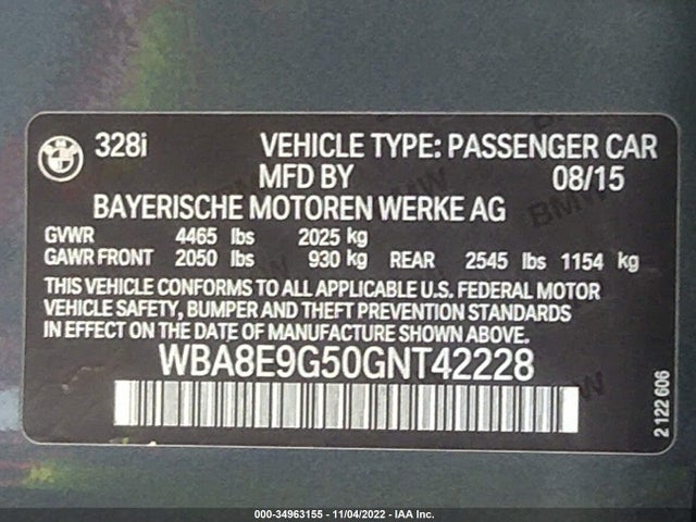 2016 BMW 3 Series, VIN: WBA8E9G50GNT42228