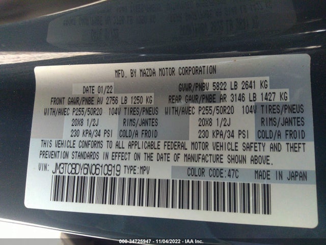 2022 Mazda CX-9, VIN: JM3TCBDY6N0610919