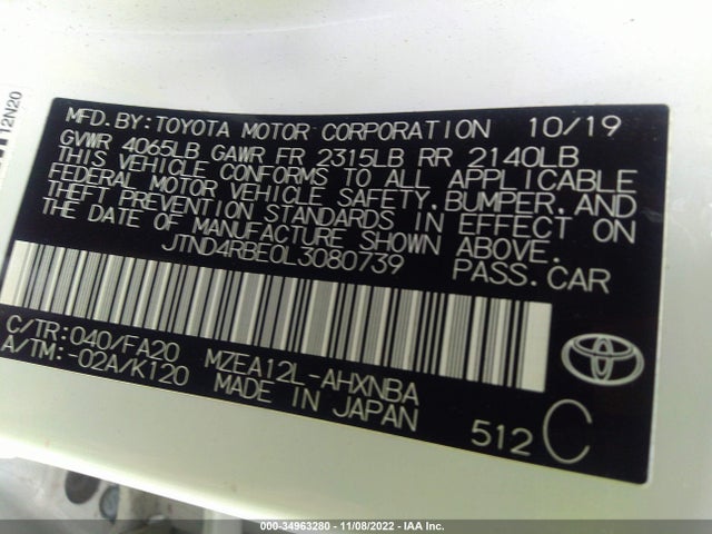 2020 TOYOTA COROLLA HATCHBACK SE VIN: JTND4RBE0L3080739