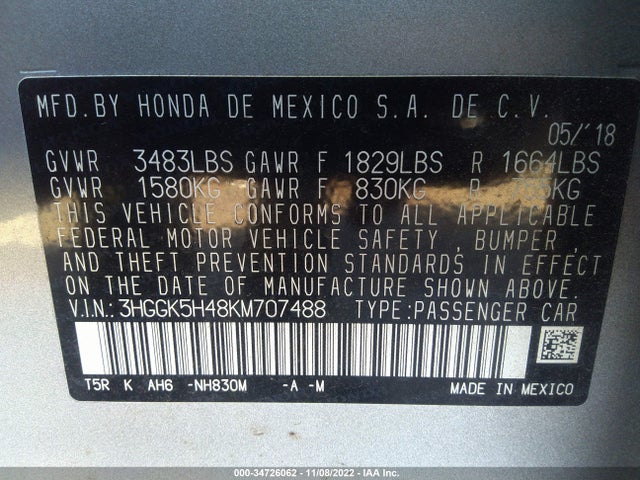 2019 HONDA FIT LX VIN: 3HGGK5H48KM707488