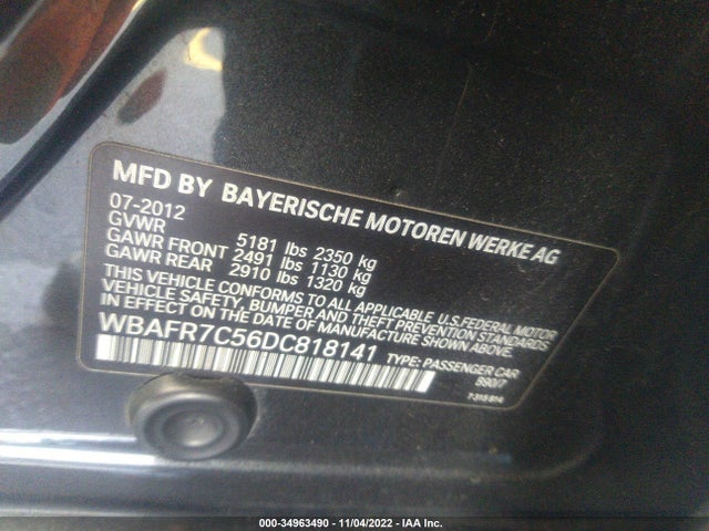 2013 BMW 5 SERIES 535I VIN: WBAFR7C56DC818141