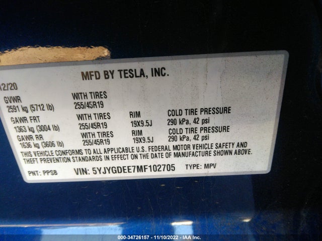 Tesla Model Y Long Range 2021 5YJYGDEE7MF102705 Image 11