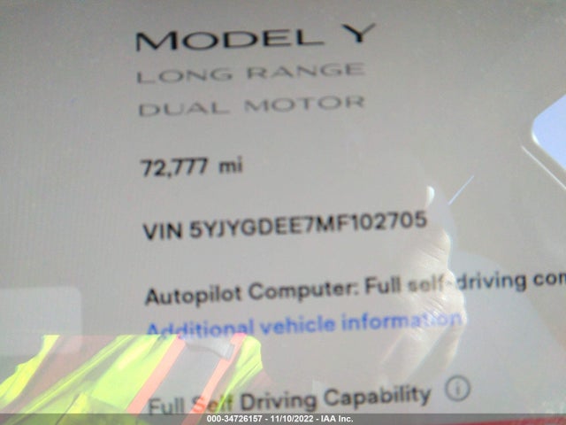 2021 TESLA MODEL Y LONG RANGE VIN: 5YJYGDEE7MF102705