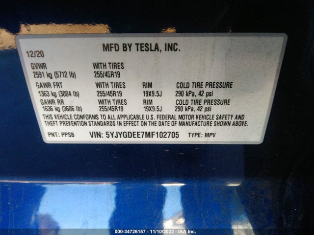 Tesla Model Y Long Range 2021 5YJYGDEE7MF102705 Image 9