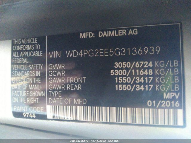 WD4PG2EE5G3136939 Mercedes-Benz METRIS PASSENGER VAN