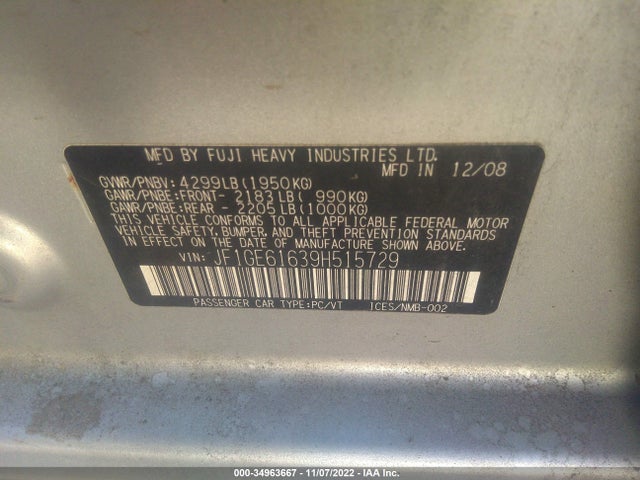 2009 SUBARU IMPREZA SEDAN I VIN: JF1GE61639H515729