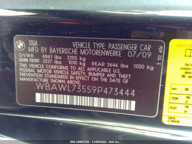 2009 BMW 3 SERIES 335I VIN: WBAWL73559P473444