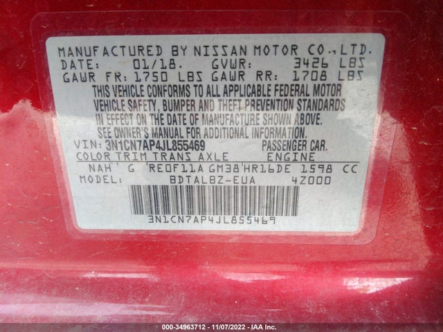 2018 Nissan Versa, VIN: 3N1CN7AP4JL855469