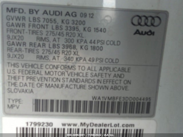 2013 AUDI Q7 3.0L TDI PRESTIGE VIN: WA1VMBFE3DD004495
