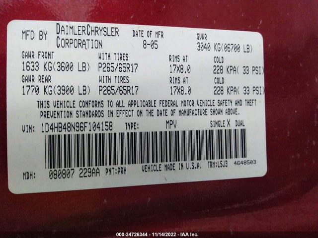 Dodge Durango Slt 2006 1D4HB48N96F104158 Image 11