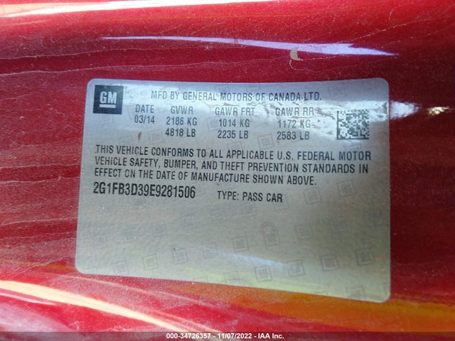 Chevrolet CAMARO LT 2014 2G1FB3D39E9281506 Image 9