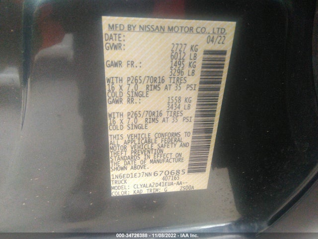 2022 Nissan Frontier, VIN: 1N6ED1EJ7NN670685
