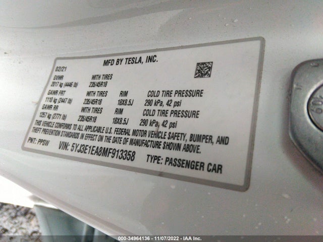 Tesla Model 3 Standard Range Plus 2021 5YJ3E1EA8MF913358 Image 9