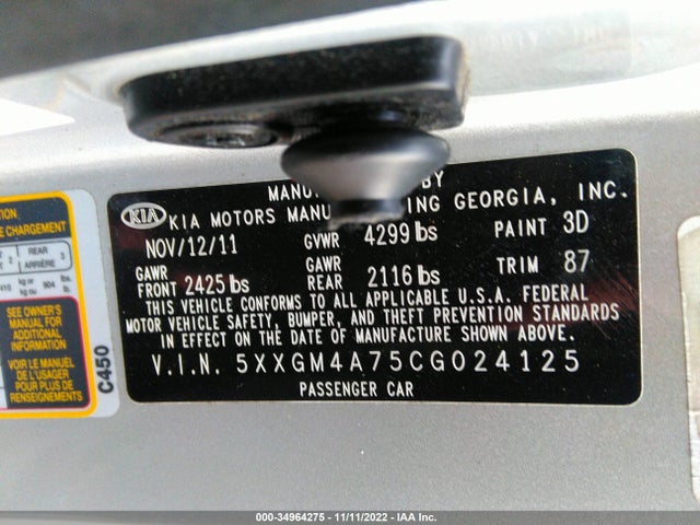 Aukcja sprzedaży 2012 Kia Optima Lx, vin: 5XXGM4A75CG024125, numer aukcji: 34964275