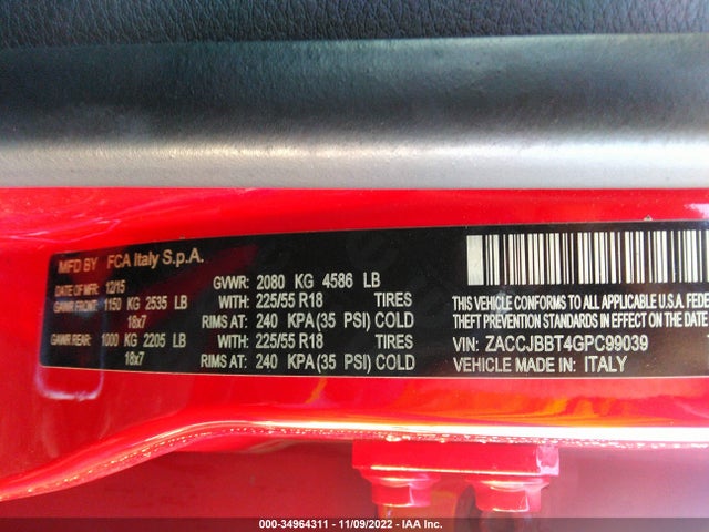 2016 Jeep Renegade, VIN: ZACCJBBT4GPC99039