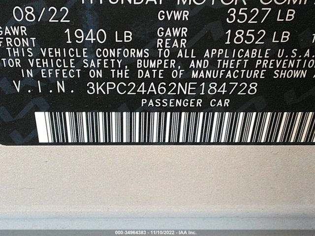 2022 Hyundai Accent, VIN: 3KPC24A62NE184728