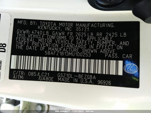 2021 Lexus ES, VIN: 58AFZ1B13MU100253