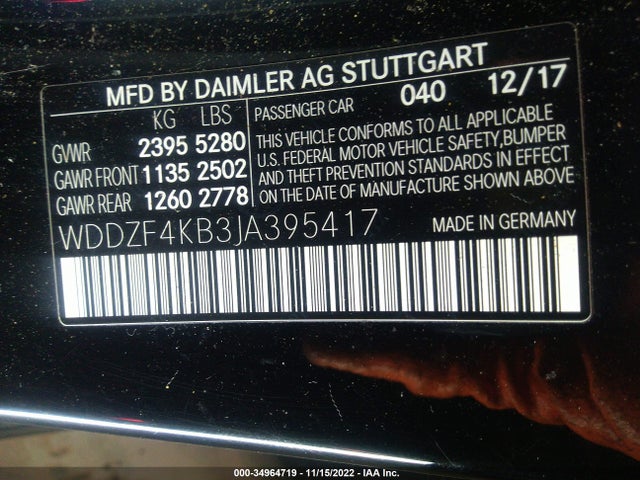 2018 Mercedes-Benz E-Class, VIN: WDDZF4KB3JA395417