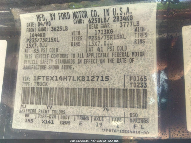 1990 FORD F150 VIN: 1FTEX14H7LKB12715