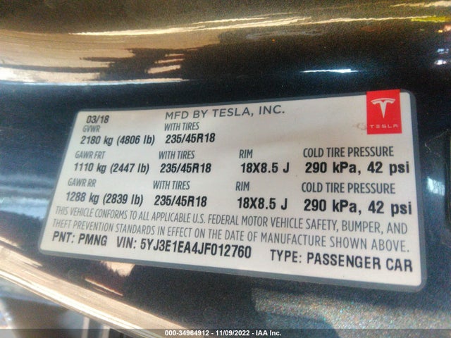 Tesla MODEL 3 2018 5YJ3E1EA4JF012760 Image 9