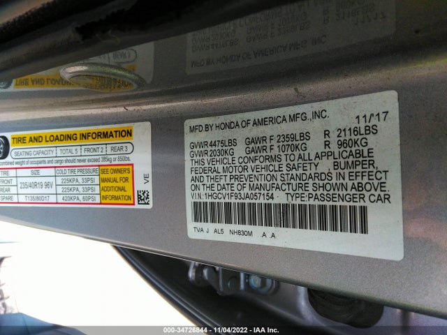 2018 Honda Accord, VIN: 1HGCV1F93JA057154