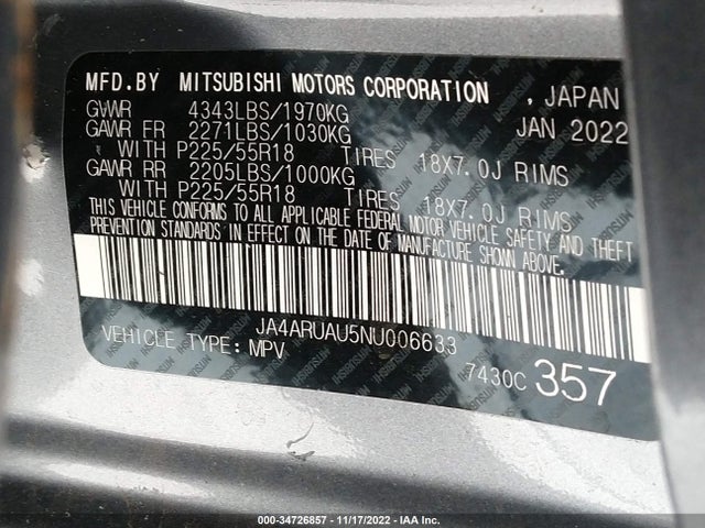JA4ARUAU5NU006633 Mitsubishi Outlander Sport Es/le/se