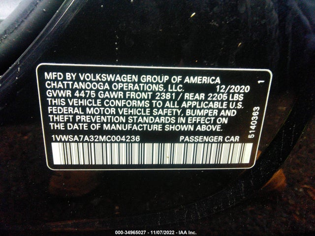 2021 Volkswagen Passat, VIN: 1VWSA7A32MC004236