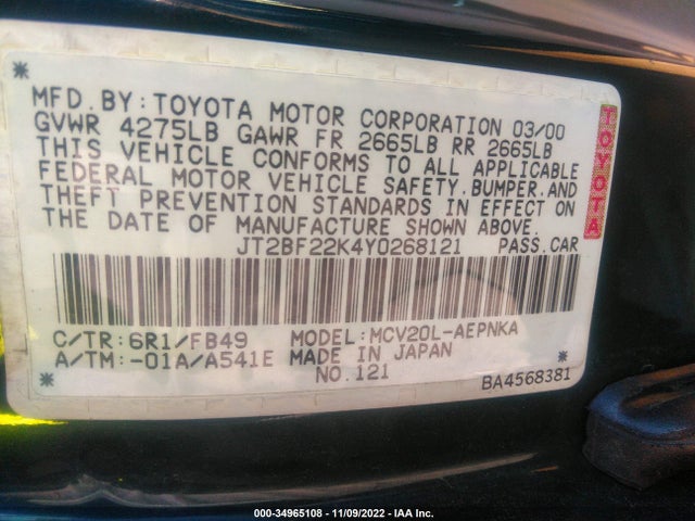 2000 TOYOTA CAMRY LE/XLE VIN: JT2BF22K4Y0268121