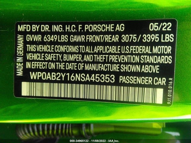 2022 Porsche Taycan, VIN: WP0AB2Y16NSA45353
