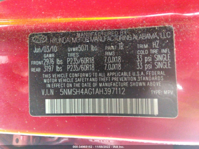 2010 HYUNDAI SANTA FE SE VIN: 5NMSH4AG1AH397112