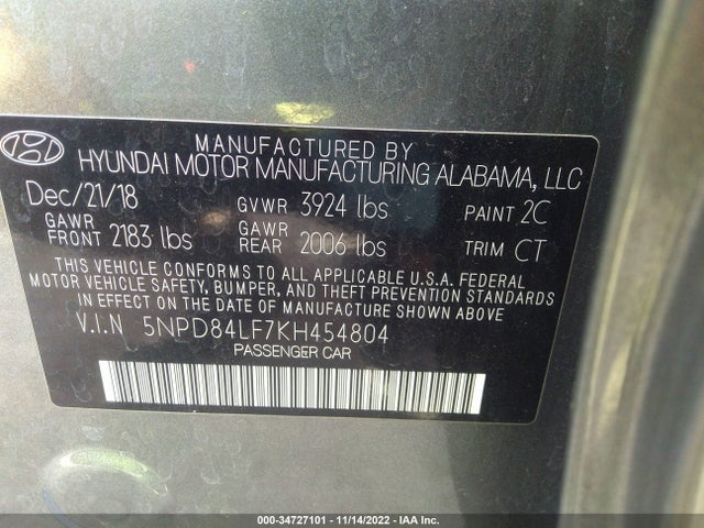 2019 HYUNDAI ELANTRA SEL VIN: 5NPD84LF7KH454804