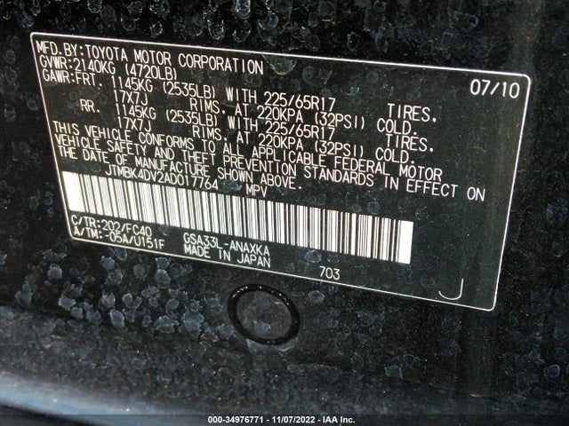 2010 TOYOTA RAV4 VIN: JTMBK4DV2AD017764