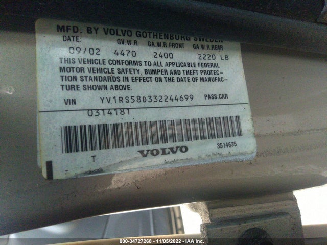 2003 VOLVO S60 2.4L TURBO VIN: YV1RS58D332244699