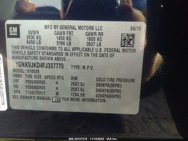 2015 Chevrolet Traverse, VIN: 1GNKVJKD4FJ337779