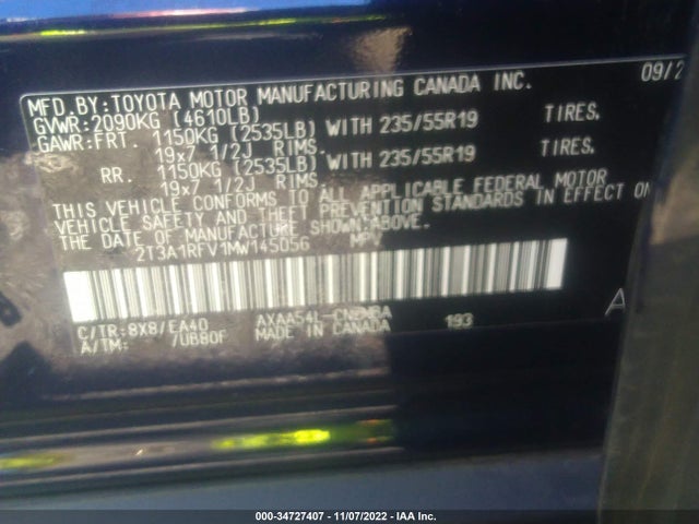 2021 TOYOTA RAV4 XLE PREMIUM VIN: 2T3A1RFV1MW145056