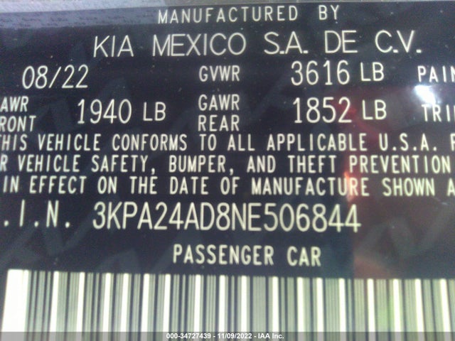 2022 Kia Rio, VIN: 3KPA24AD8NE506844
