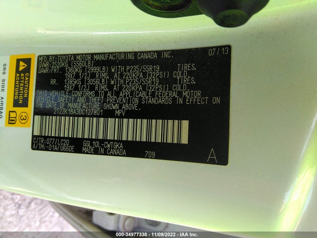 2013 LEXUS RX 350 VIN: 2T2ZK1BA3DC127801