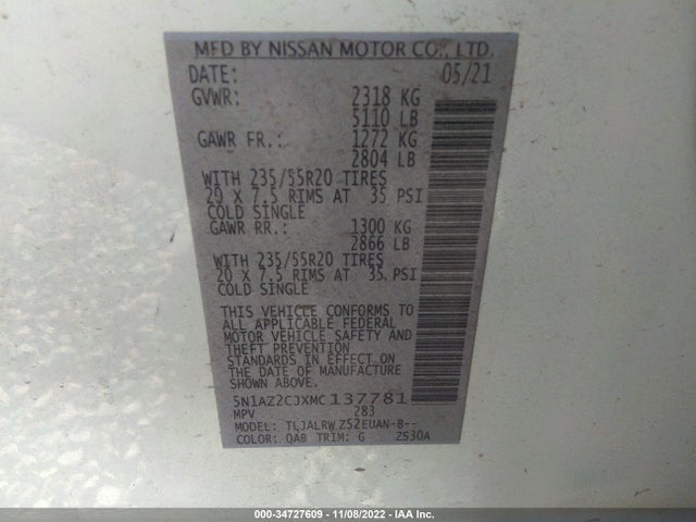2021 Nissan Murano, VIN: 5N1AZ2CJXMC137781