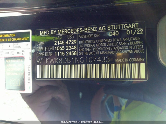2022 Mercedes-Benz C-Class, VIN: W1KWK8DB1NG107433