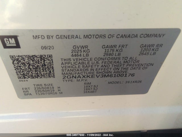 Chevrolet EQUINOX LT 2021 2GNAXKEV3M6100176 Image 9