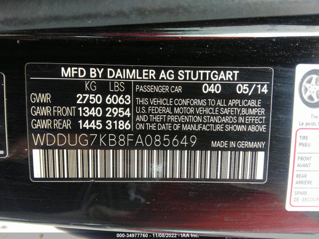 2015 MERCEDES-BENZ S-CLASS S 65 AMG VIN: WDDUG7KB8FA085649