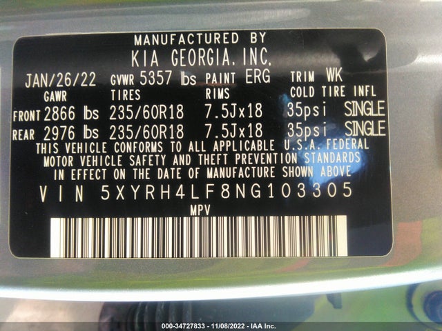 2022 Kia Sorento, VIN: 5XYRH4LF8NG103305