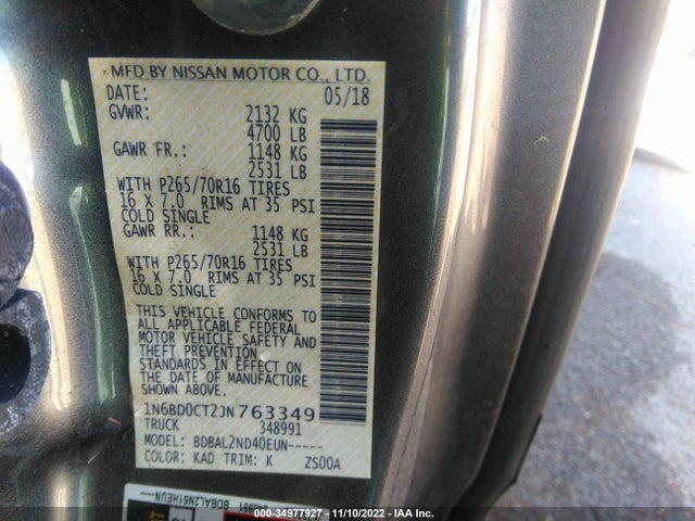 2018 Nissan Frontier, VIN: 1N6BD0CT2JN763349