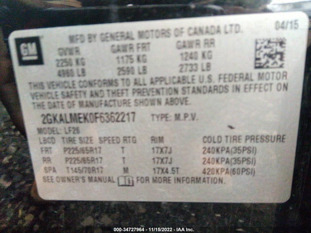 GMC Terrain Sle 2015 2GKALMEK0F6362217 Image 9