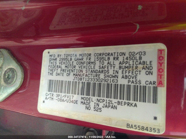 2003 TOYOTA ECHO VIN: JTDBT123330292163