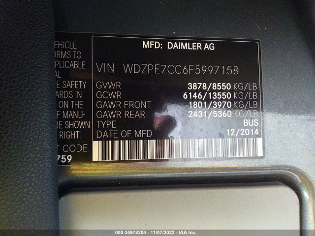 2015 Mercedes-Benz Sprinter, VIN: WDZPE7CC6F5997158
