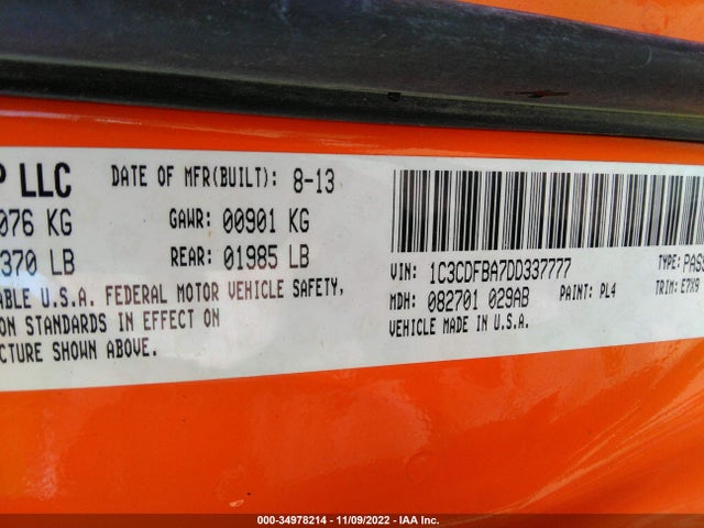 2013 DODGE DART SXT VIN: 1C3CDFBA7DD337777