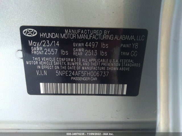 2015 HYUNDAI SONATA 2.4L SE VIN: 5NPE24AF5FH006737