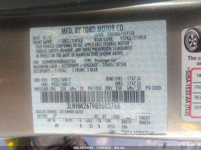 Lincoln MKZ 2008 3LNHM26T98R603766 Image 11