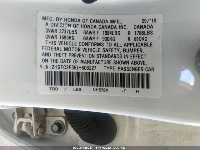 2018 HONDA CIVIC SEDAN LX VIN: 2HGFC2F58JH603227